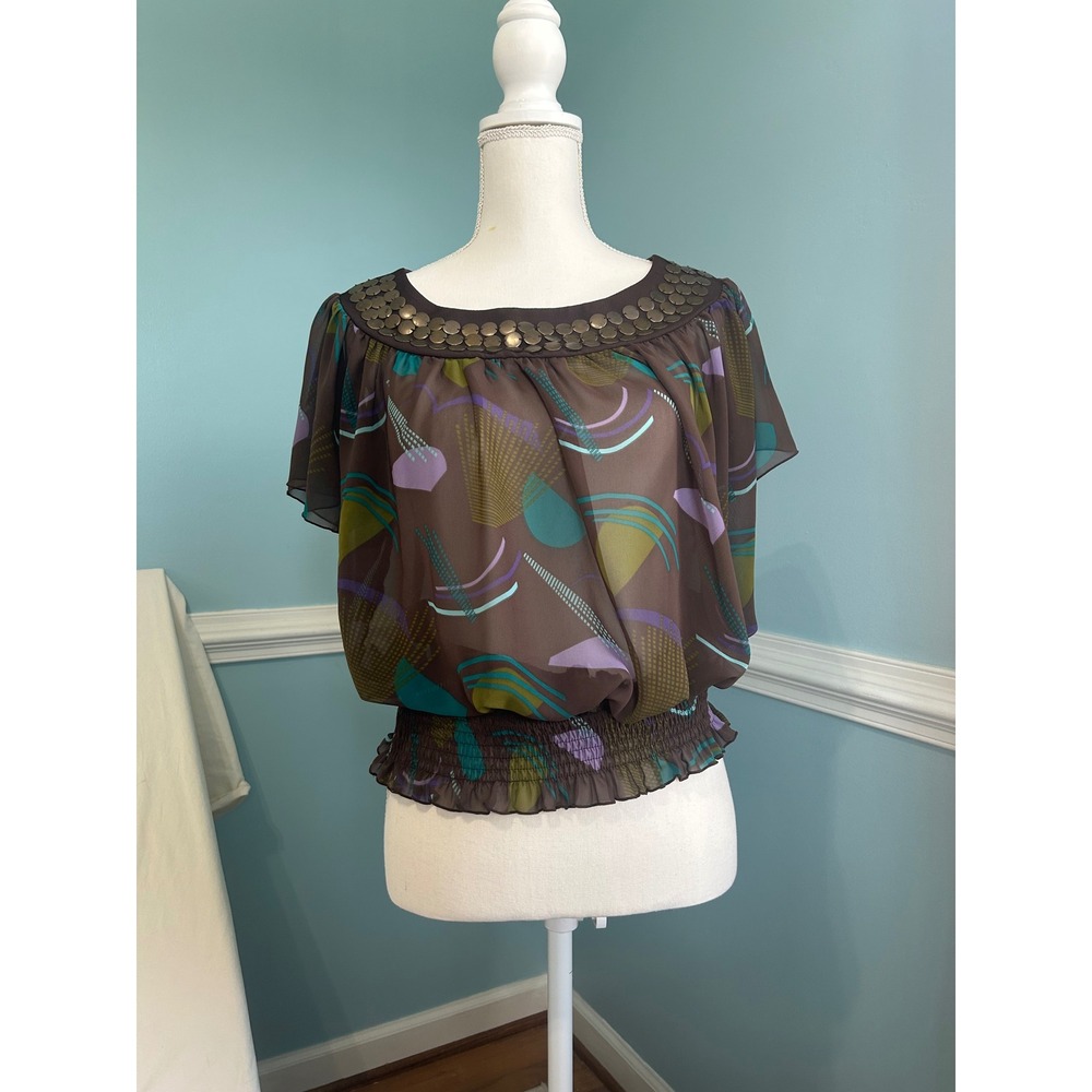 Bisou Bisou Michele Bohbot Brown Abstract Chiffon Smocked Blouse Metal Studs L